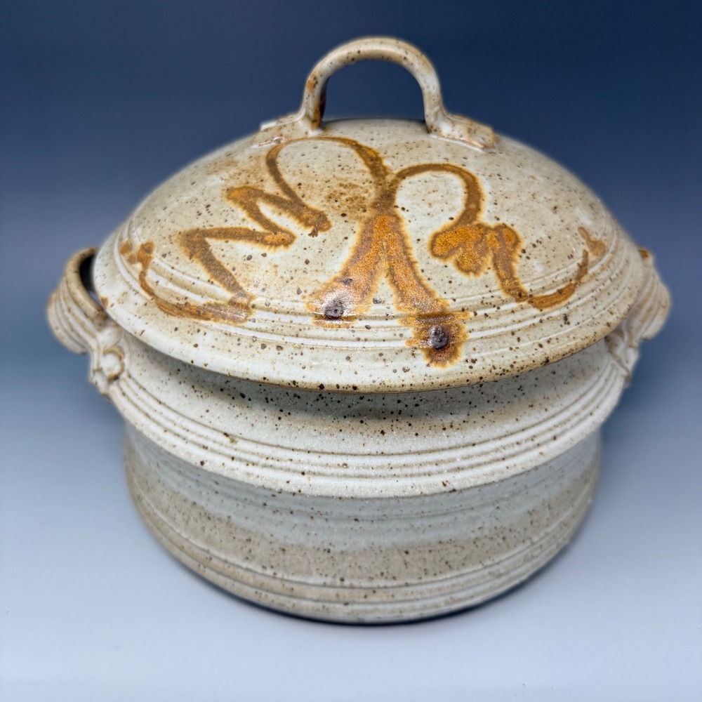 Studio Pottery Lidded Casserole Dish Signed Speckled Stoneware Tan Brown Glaze